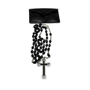 Vintage Black Beaded Rosary Silver Tone 22” Cross Christian Religious Catholic